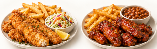 A fish plate with fries and slaw beside a wings plate with fries and baked beans